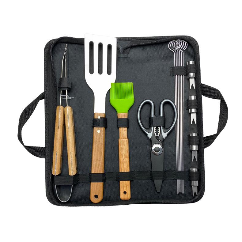 Outdoor BBQ Tool Set: Wooden Handle Fork, Shovel, Tongs, Stainless Steel Grilling Accessories with Cloth Bag