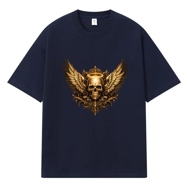 2026 Skull With Wings And Halo Printed Graphic Y2k Harajuku Streetwear 100% Cotton T Shirt Casual Oversized Summer Men T-shirt