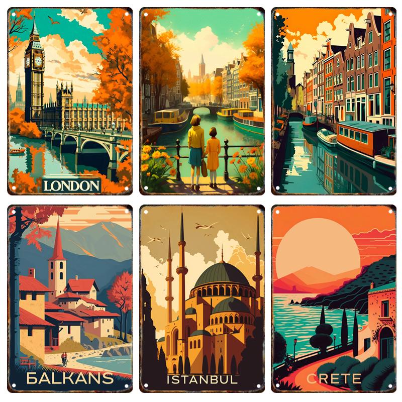 Hisun Tin Sign Vintage World Famous City Landscape Metal Tin Sign Set Retro Travel Poster Wall Art Decor for London Amsterdam Istanbul Home Liv