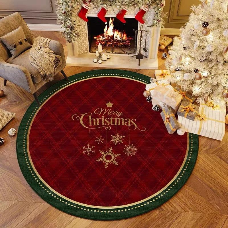 Christmas Round Carpet Living Room Bedroom Mat Festive Red Festive Atmosphere Decorated Christmas Tree Home Decoration