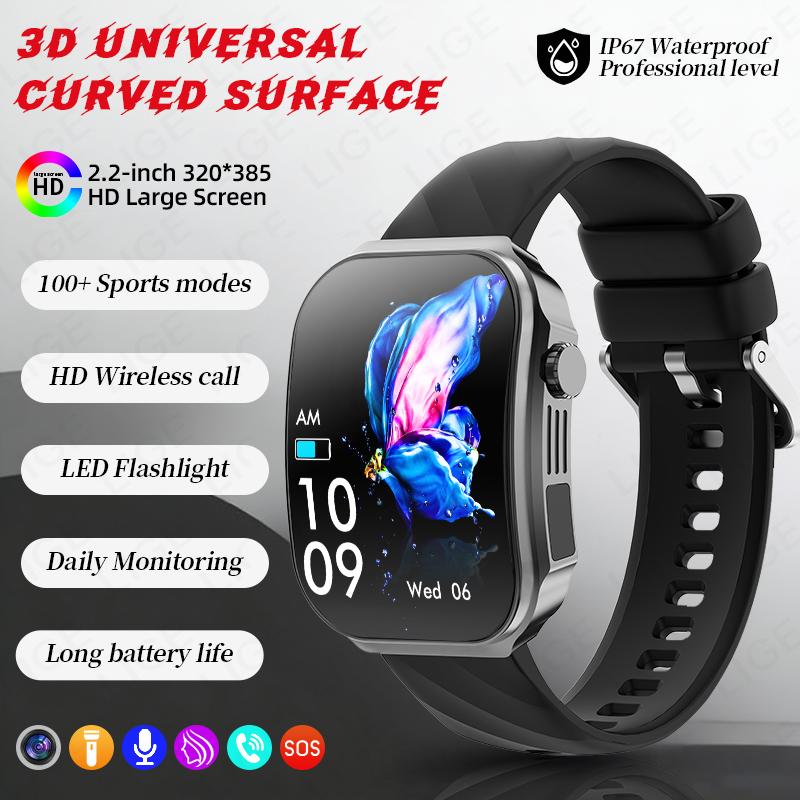 

3D Curved Screen Smart Watch Outdoor Sport Fitness LED Flashlight Heart Rate Waterproof Music Bluetooth Call Smartwatch New чорний