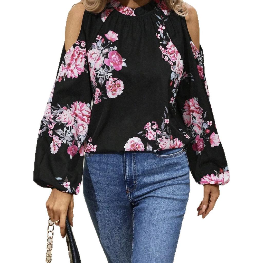 European and American new off-the-shoulder long-sleeved tops, holiday floral neck-digging shoulder lantern-sleeved shirts