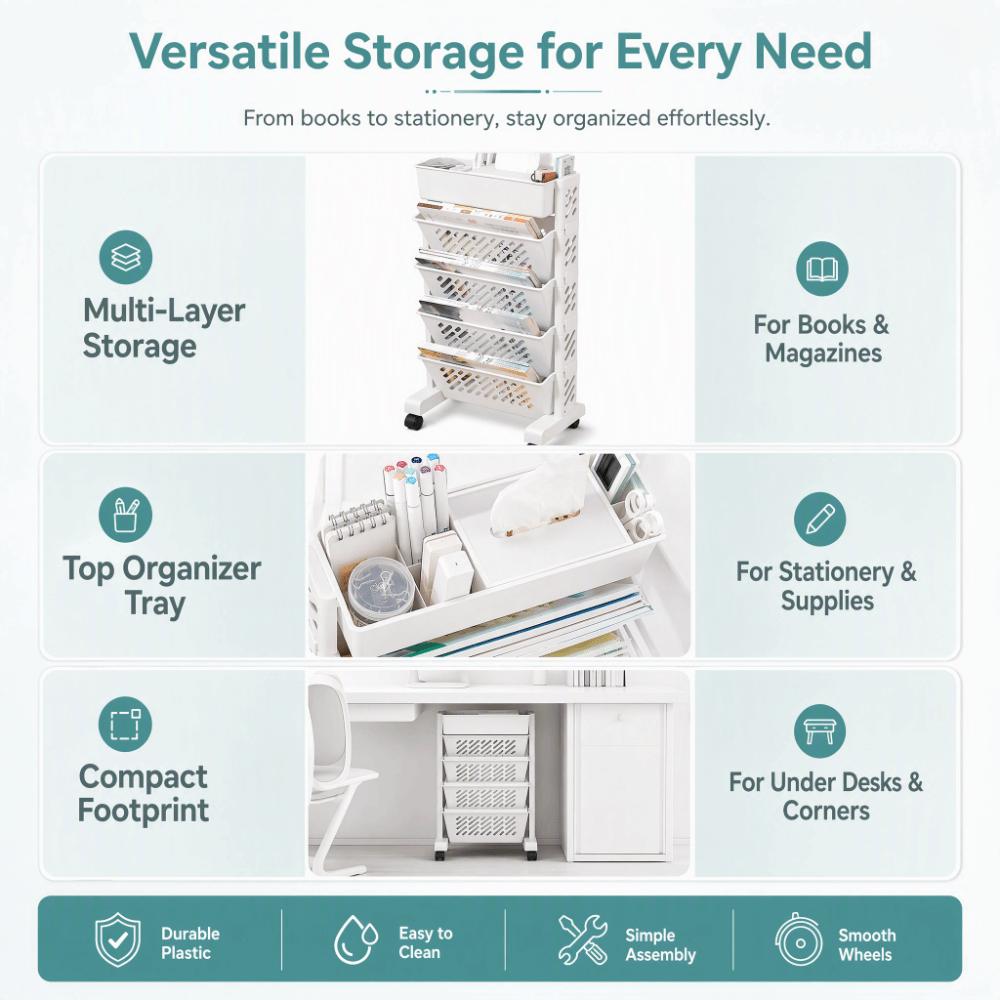 Plastic Rolling Bookshelf Removable Storage Cart Durable Mobile Bookcase Space Saving