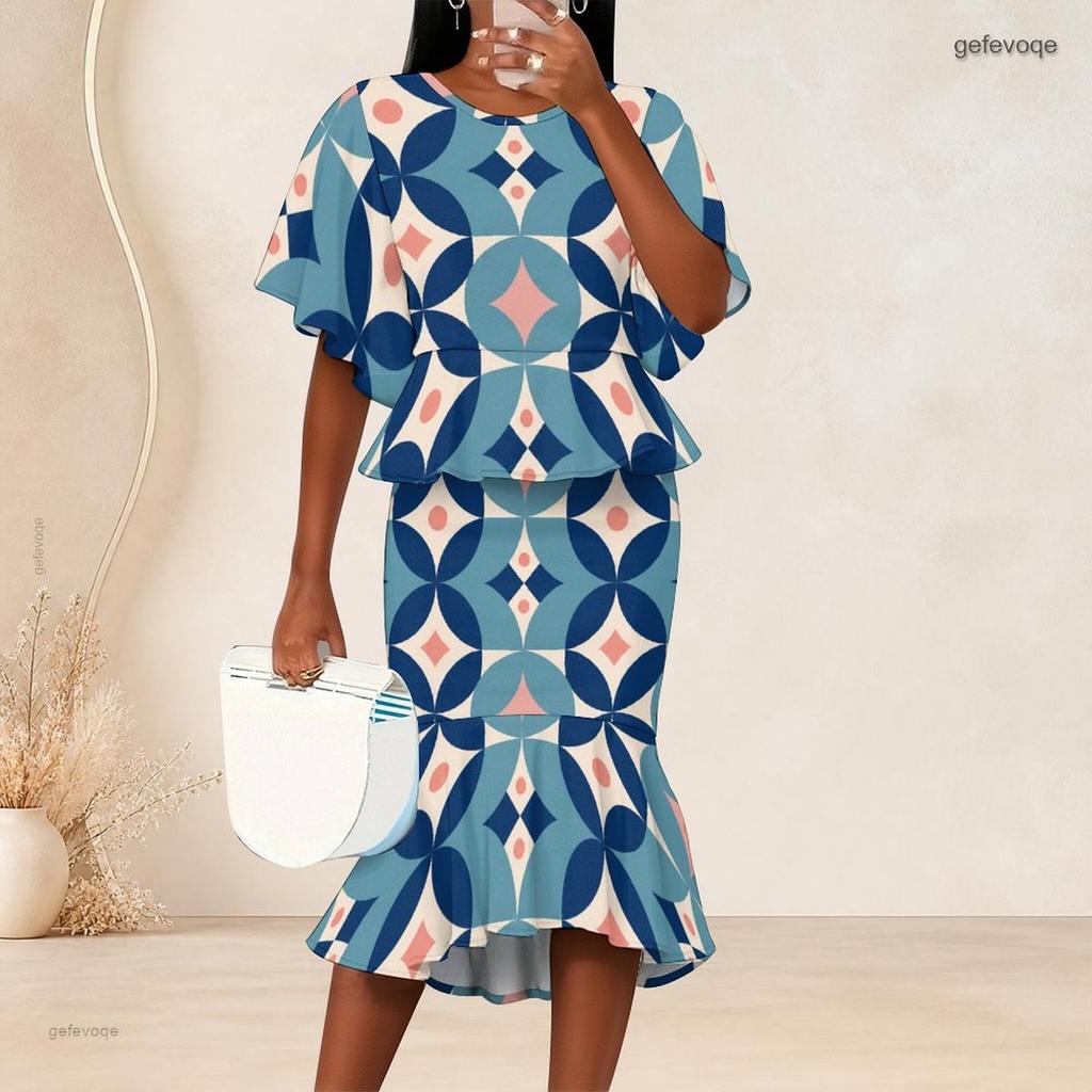 Women Plus Size Geometric Printed Two Piece Skirt Set Batwing Sleeve Ruffle Hem Top Fishtail Skirt