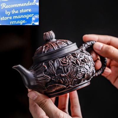 Retro Carving Purple Pottery Teapot Ceramic Household Kettle Pot Kung Fu Tea Set  Pure Handmade Teapot Teapot for Tea Puer Tea