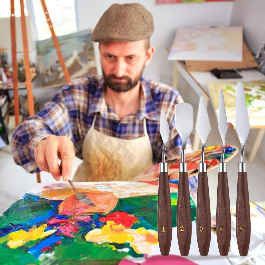5Pcs Artist Painting Palette Oil Painting Mixing Scraper Stainless Steel Wood Oil Paint Spatula Set