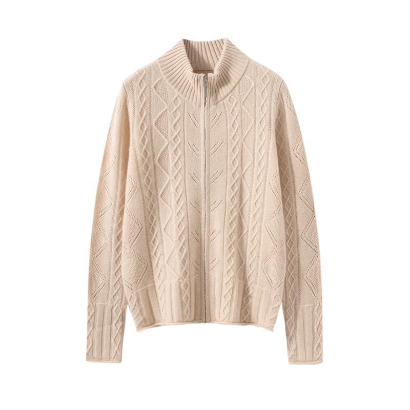 Women's 100% Cashmere Cable-Knit Cardigan Coat – Long Sleeve, Half High Neck, Zip Closure, Loose Fit