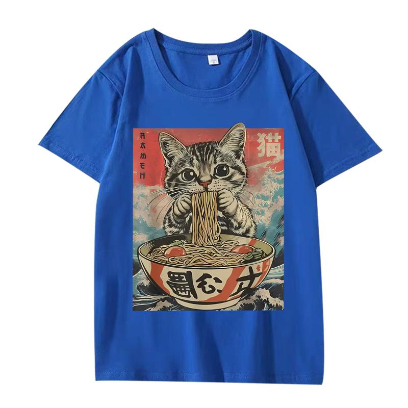 Kawaii Cat Ramen Anime T Shirt Men Women Oversized 100% Cotton Hot Sale Short Sleeve Summer Print  FASHION Unisex Plus Size Tops