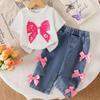 Girls' Fashion Set - Summer Children's Casual White T-shirt with Real Butterfly + 3D Butterfly Knot Washed Water Buffalo Jeans Set
