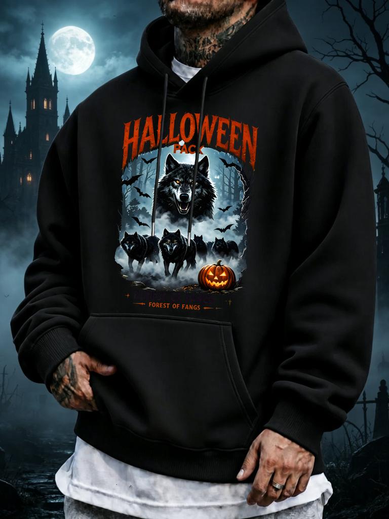 unisex Hoodie, Halloween, Wolf And Pumpkin Graphic, Pullover Sweatshirt, Gothic Horror Style, Autumn Winter Outdoor Wear, Front Pocket And Drawstring