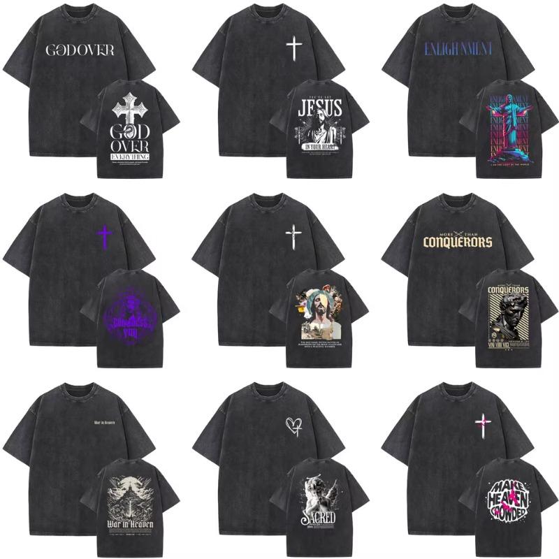 Christian Religious Series Jesus Vintage Washed T-shirt Men Women Gothic Rock Oversized Short Sleeve T Shirts Hip Hop Streetwear