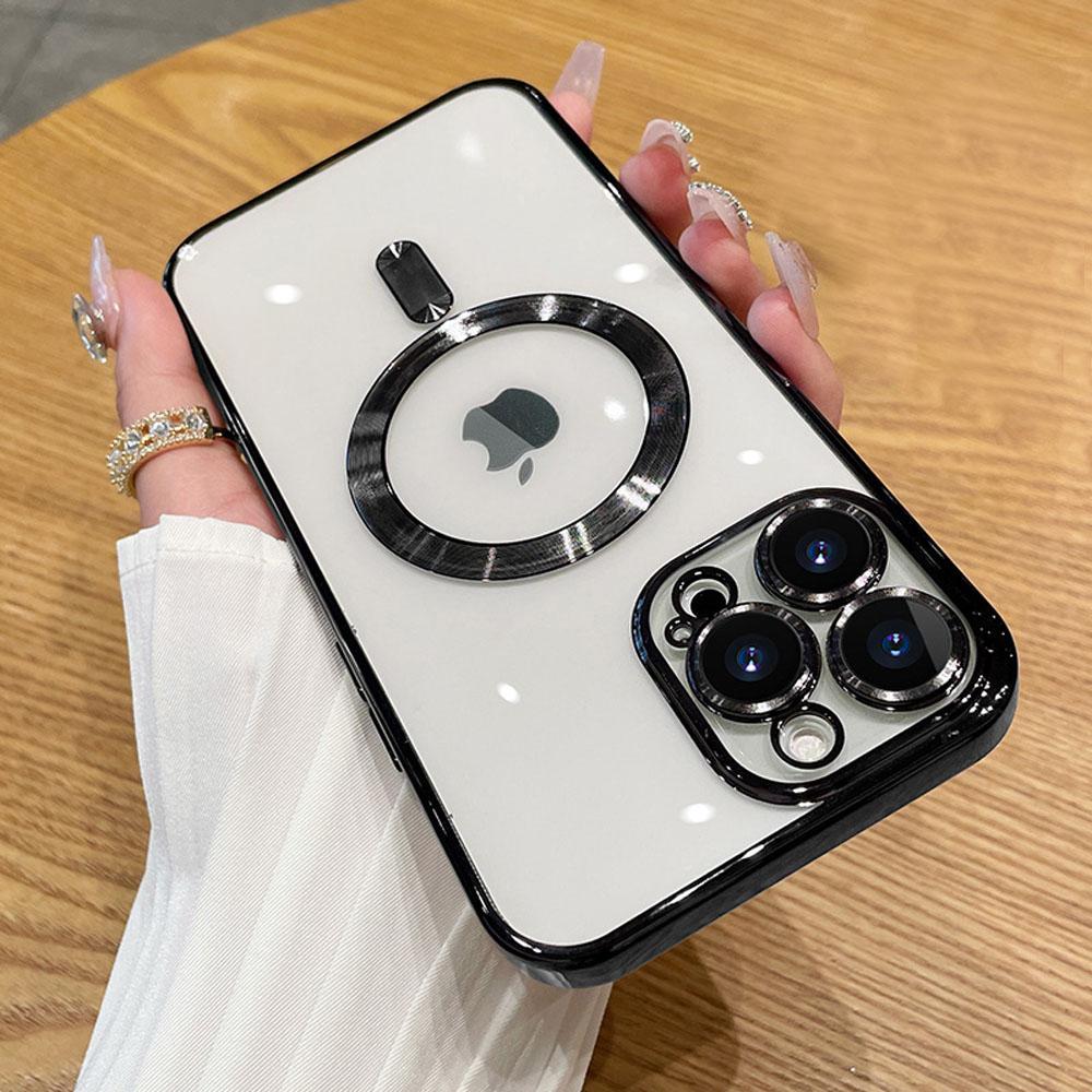Модный гальванический прозрачный чехол Magsafe для iPhone 15 14 13 12 11 Pro Max с беспроводной зарядкой, мягкий чехол с защитой объектива камеры. iPhone 11 чёрный