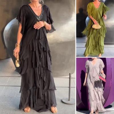 Summer Women Evening Dress V Neck Sequin Patchwork Ripped Scattered Layered Solid Color Short Sleeves Loose Prom Party Maxi Dress