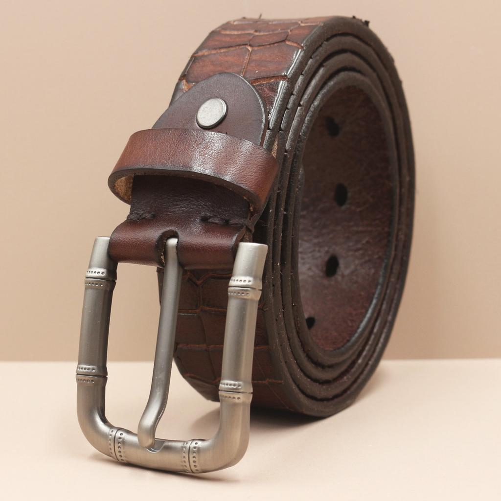 3.8CM Men's Belt Genuine Leather Belt Casual Retro Washing Crocodile Pattern Head Layer Cowhide Belt