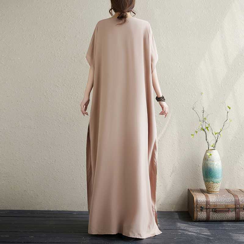 Kobiety Plus Size Vintage Haft V-neck Rękaw Nietoperz Sukienka Maxi Letnia Luźna Plażowa Boho Sukienki Wakacyjne