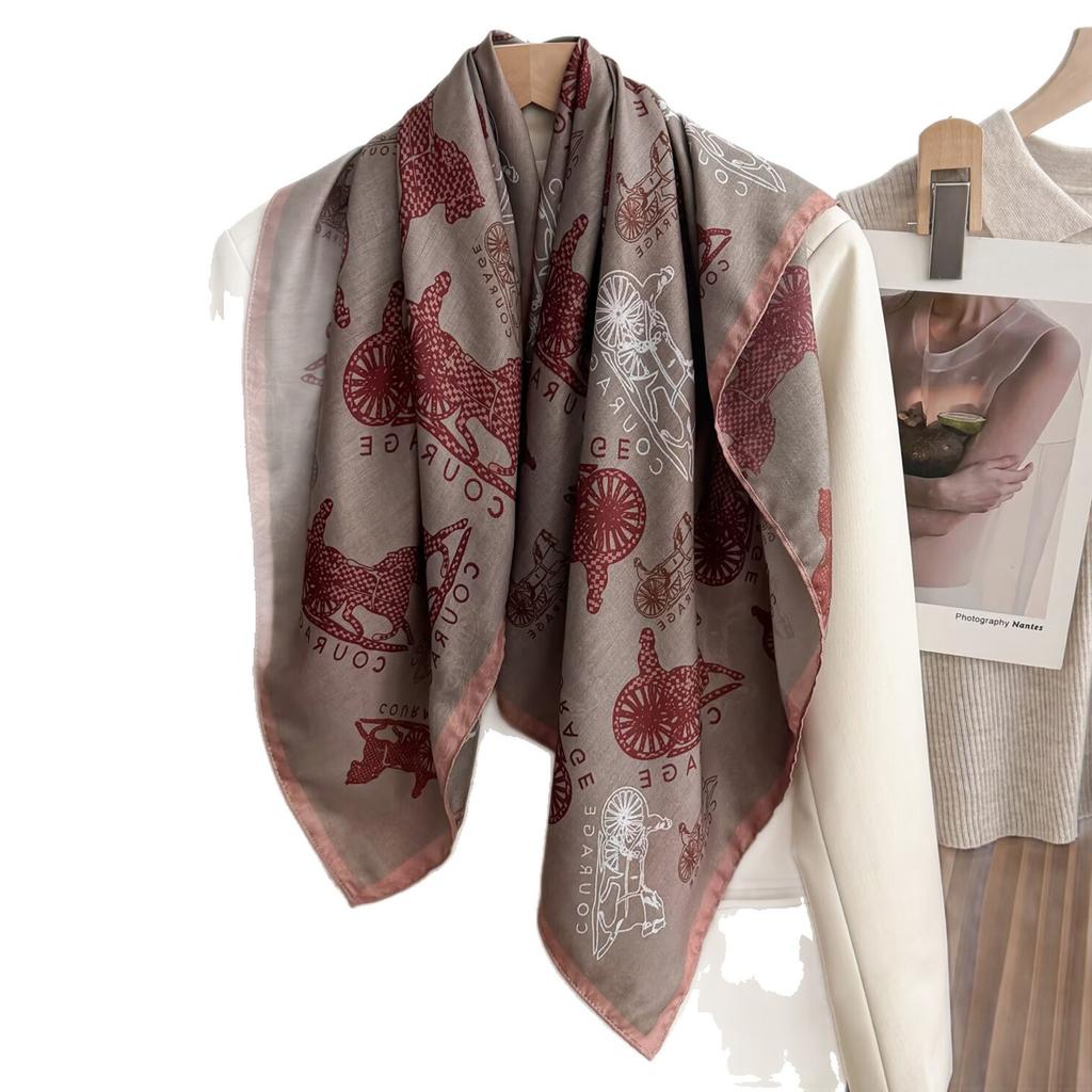 Red horse buckle double-sided simulated silk wool large square scarf 91 women's spring and autumn high-end velvet scarf with shawl to keep warm