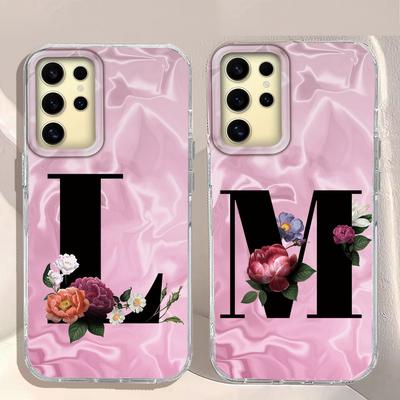 A-Z Black Letter Peony Flower  Shockproof Phone Case For Samsung Galaxy S25 Edge S24 FE Plus Ultra Couple Silicone Fundas Cover