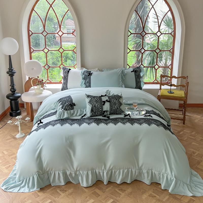 Vintage French Black Lace Ruffles Bedding Set Solid Color Duvet Cover Set Flat/Fitted Bed Sheet Pillowcases With Pillowcases