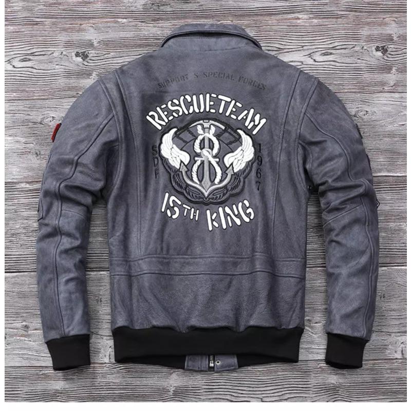 Chinese Size Blue Genuine Leather Jacket for Men Real Cowhide Skin Military A2 Flight Suit Embroidered Pilot Coats Mens Aviation Clothing Autumn