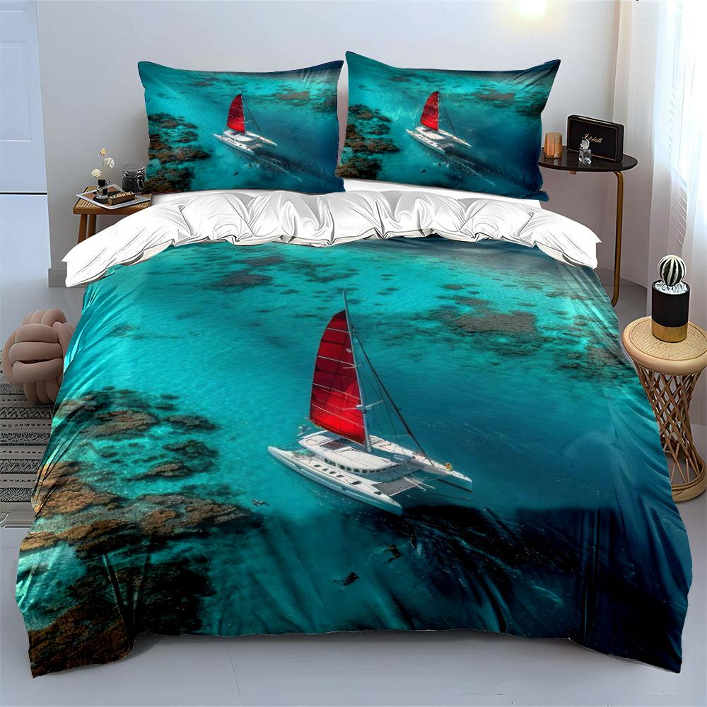 Sailing Decor Set Beach Theme Bedding Set with 1 Duvet Cover 2 Pillowcases Single Double King Queen, Gift
