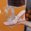 Fashion Transparent Square Head High Heels with Rhinestones for Women's 2025 Summer New Pink, Not Tired, Thick Heels, and Cool Slippers