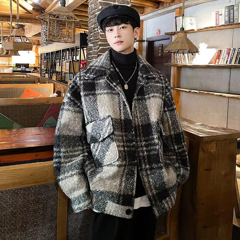 Unisex Retro Plaid Woolen Coat - Men's/Women's Winter Cotton Jacket, Thick Lapel Shirt