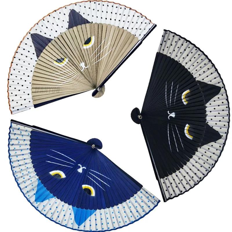 Cat Pattern Bamboo Folding Fan Japanese Style Women Lovely Cartoon Kitten Hand Fans Handheld Fan Crafts Home Decoration