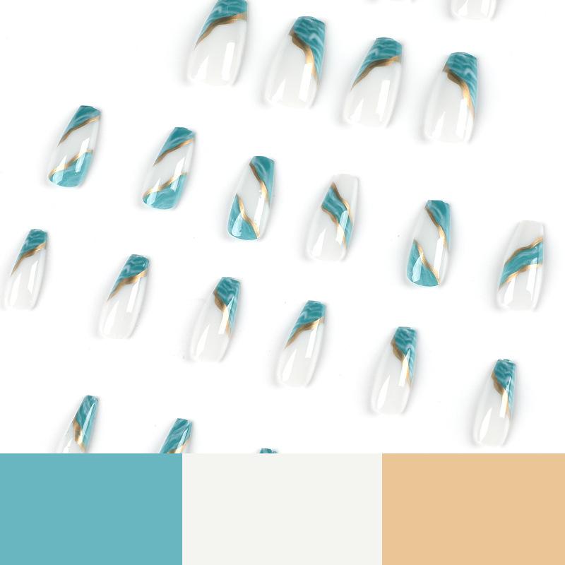 24Pcs/Set Quick Nails Green Smudged Gold Thread False Nials Sticker Wearable Waterproof Manicure Finished Nails