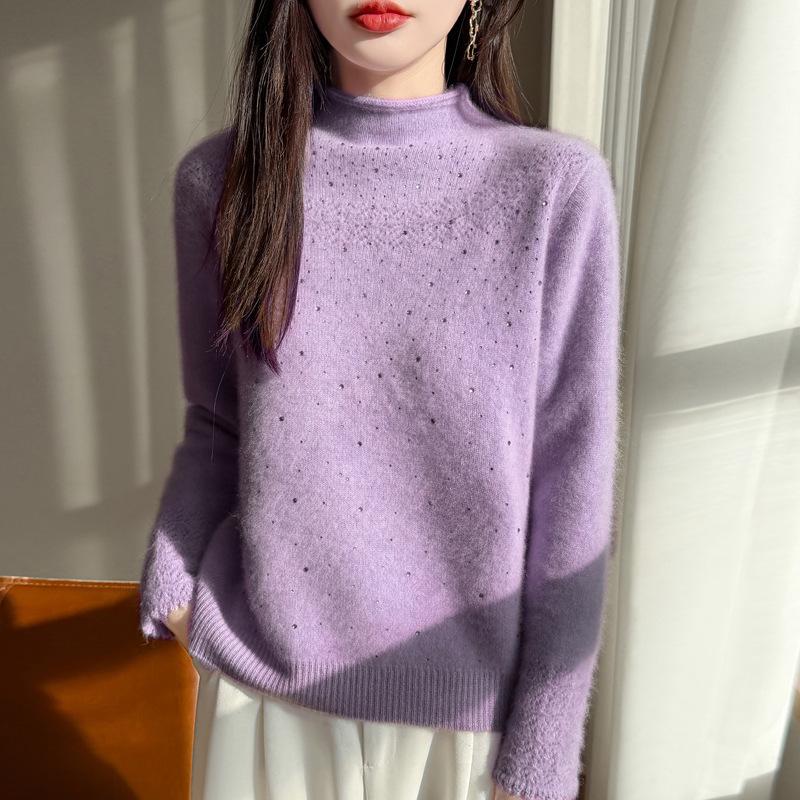 Women's 100% Pure Wool Sweater, Rolled Hem, Half-High Collar, Double-Ply, Thickened Knit, Rhinestone Inlaid, New Autumn/Winter Style