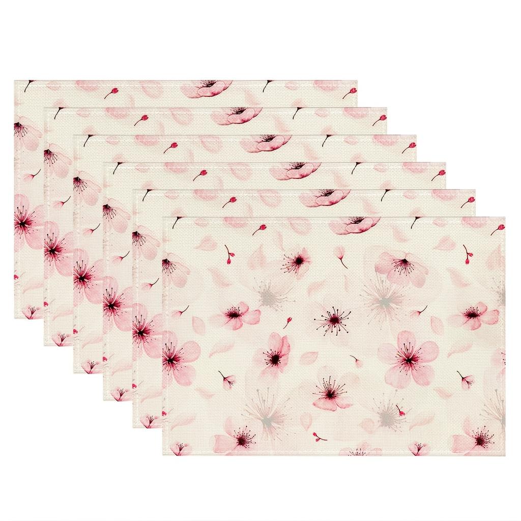 4pcs Cherry Blossom Placemats – Watercolor Pink Floral, Washable Polyester Table Mats for Spring Dining & Home Decor