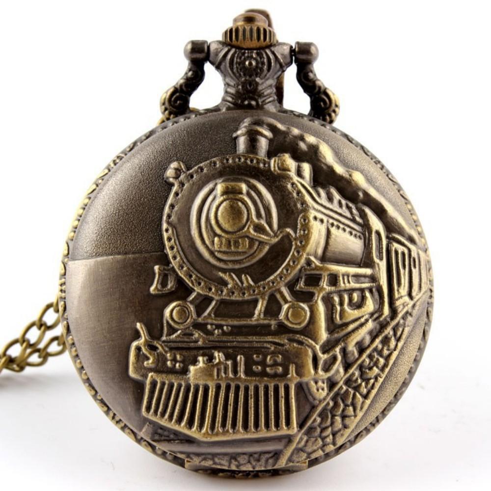 Vintage Classic Bronze Steam Train Design Pocket Watch with Chain Necklace Quartz Pocket Watch Gift Clock Chain for Men Kids
