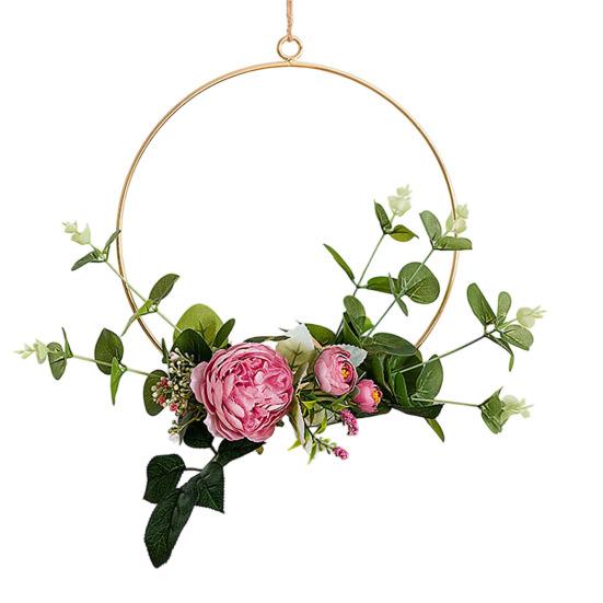 Yousheng Floral Hoop Wreath, Metal Wall Hanging with Flower Decor, Durable Wear-Resistant Floral Hoop Wreath, for Garden Balcony Windowsill