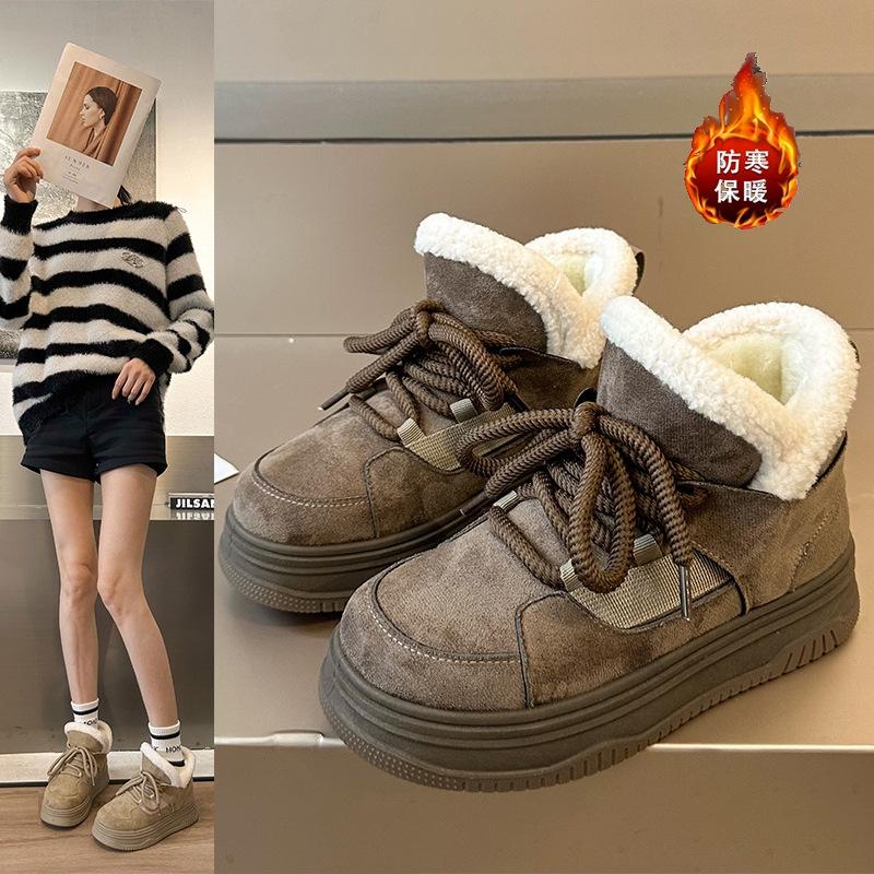 Thick fleece thick-soled snow boots women's shoes sports wind 2025 new autumn and winter warm cotton shoes fleece board shoes flat bottom