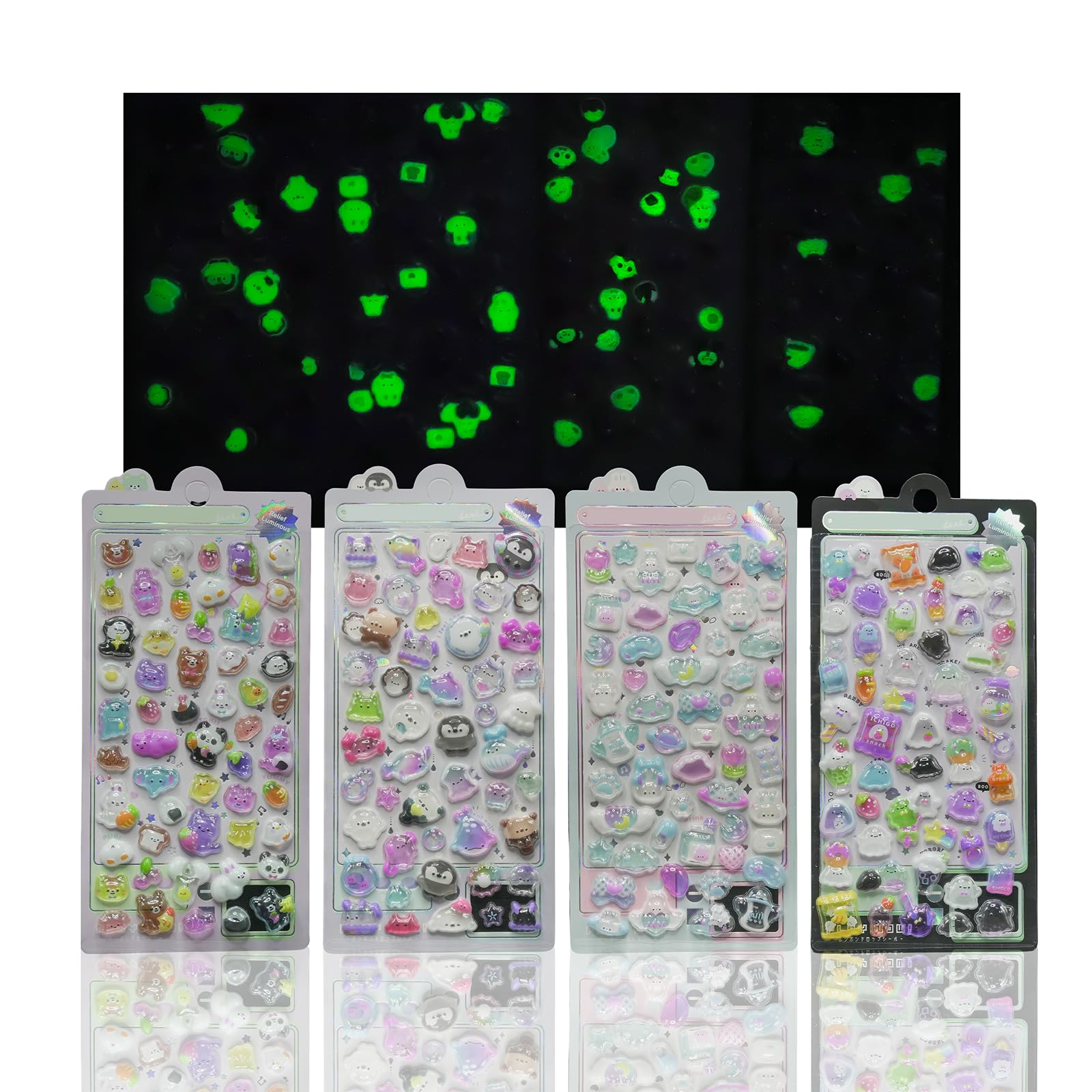 

Chaojibao Glow-in-the-Dark 3D Stickers 4 Sheets Sparkling Reward Notebooks Water Bottles Phone Decorations Craft Supplies Gifts