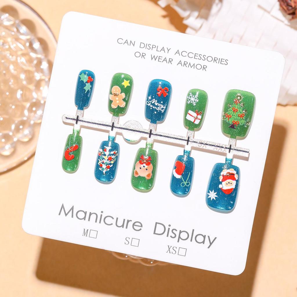 Green Christmas 3D Nail Art Stickers: Little Bear, Gingerbread Man, Santa Claus, Bell, Cat Eye Designs