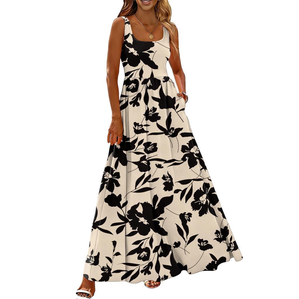 Ladies' floral print summer casual and fashionable sleeveless long dress