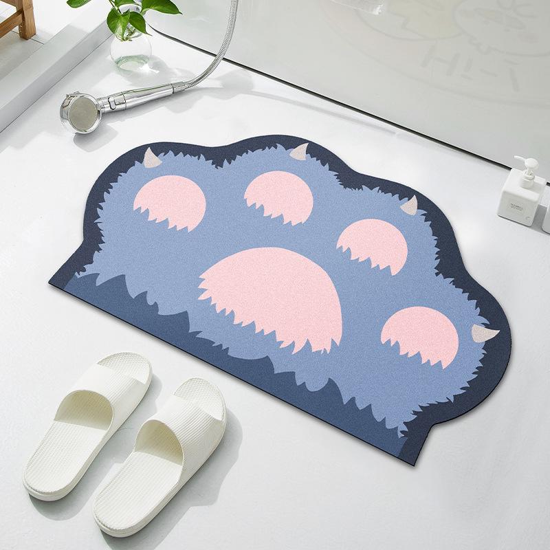 Cartoon Cat Paw Diatomaceous Earth Bathroom Floor Mat - Absorbent Foot Pad for Home and Toilet Entrance.
