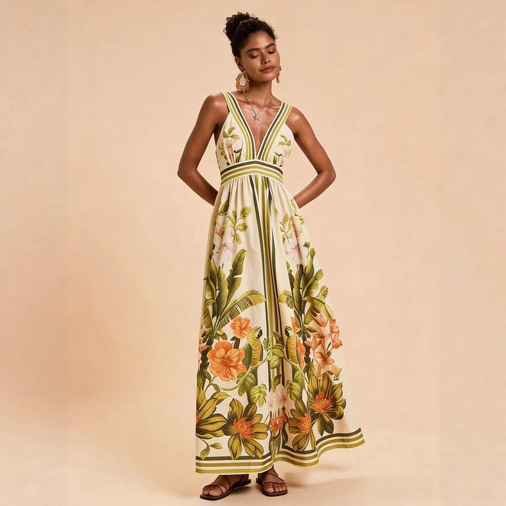 European, American and American Summer V-neck Positioning Printing Back Winning Fashion Dress D05