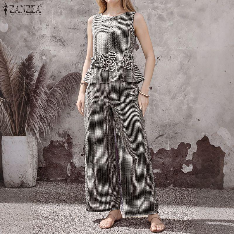 ZANZEA Women Sleeveless Vest Tops and Pants Summer Two Piece Suit Sets