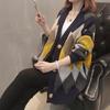 V-Neck Color-Block Knit Cardigan - 2026 Spring/Autumn Korean Style Loose Fit, Slimming Diamond Pattern Jacket