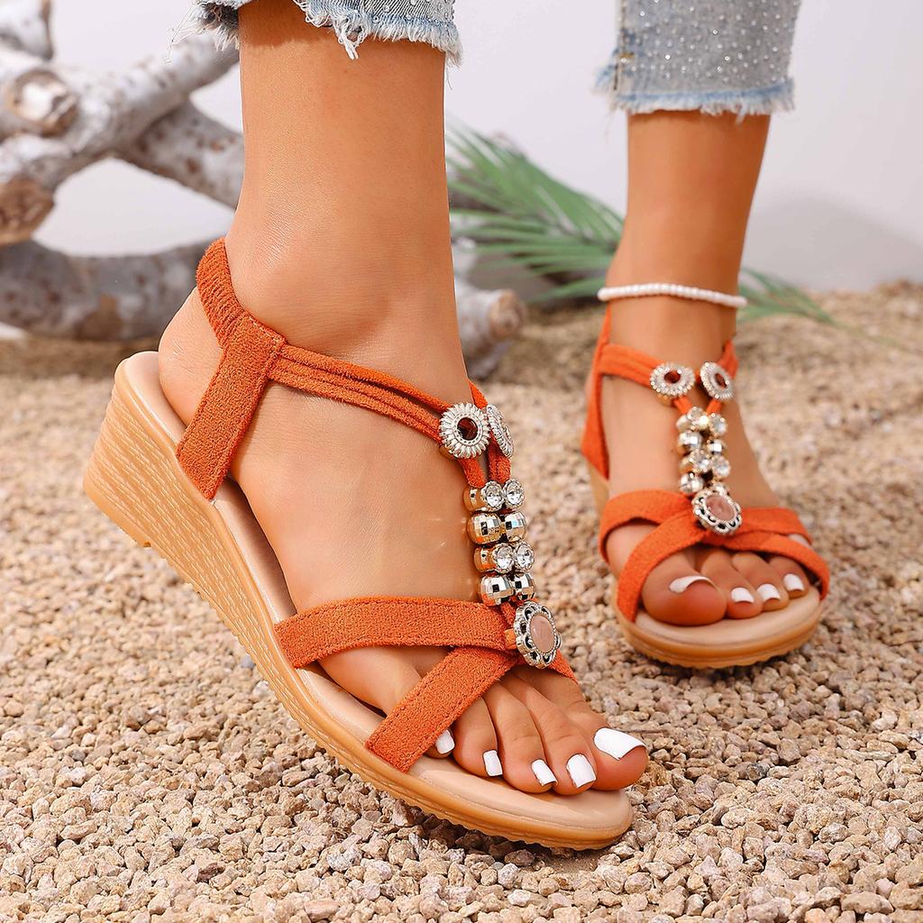 New Style Round Toe Wedge Heel Metal Decorated Fashionable Women's Shoes Flat Wear-resistant Comfortable Casual Sandals