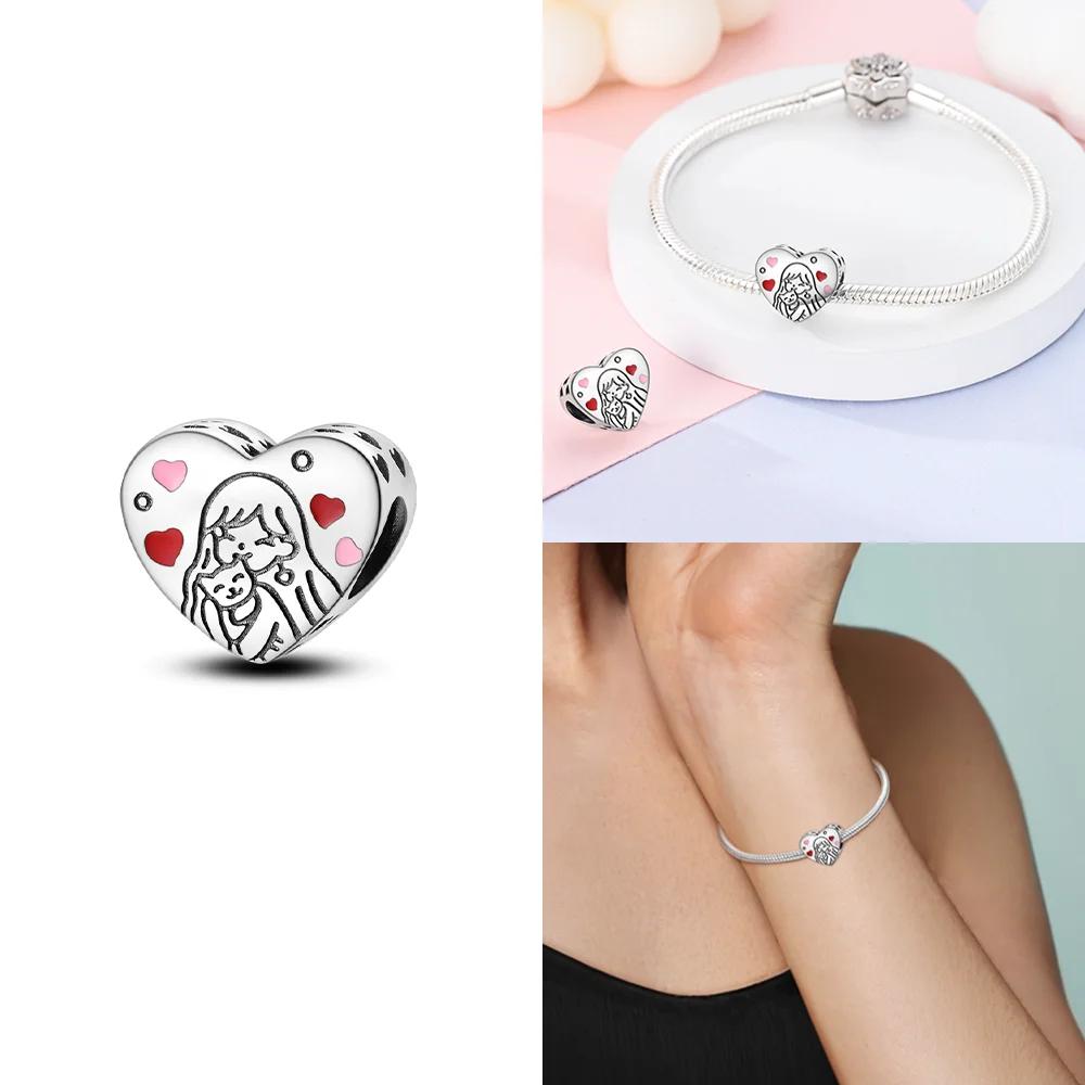 Copper Bracelet Jewelry Diy Accessories Beads Original Pink Zircon Hollow Out Heart Engraved Girl With Cat Hug Dog Paws Bead