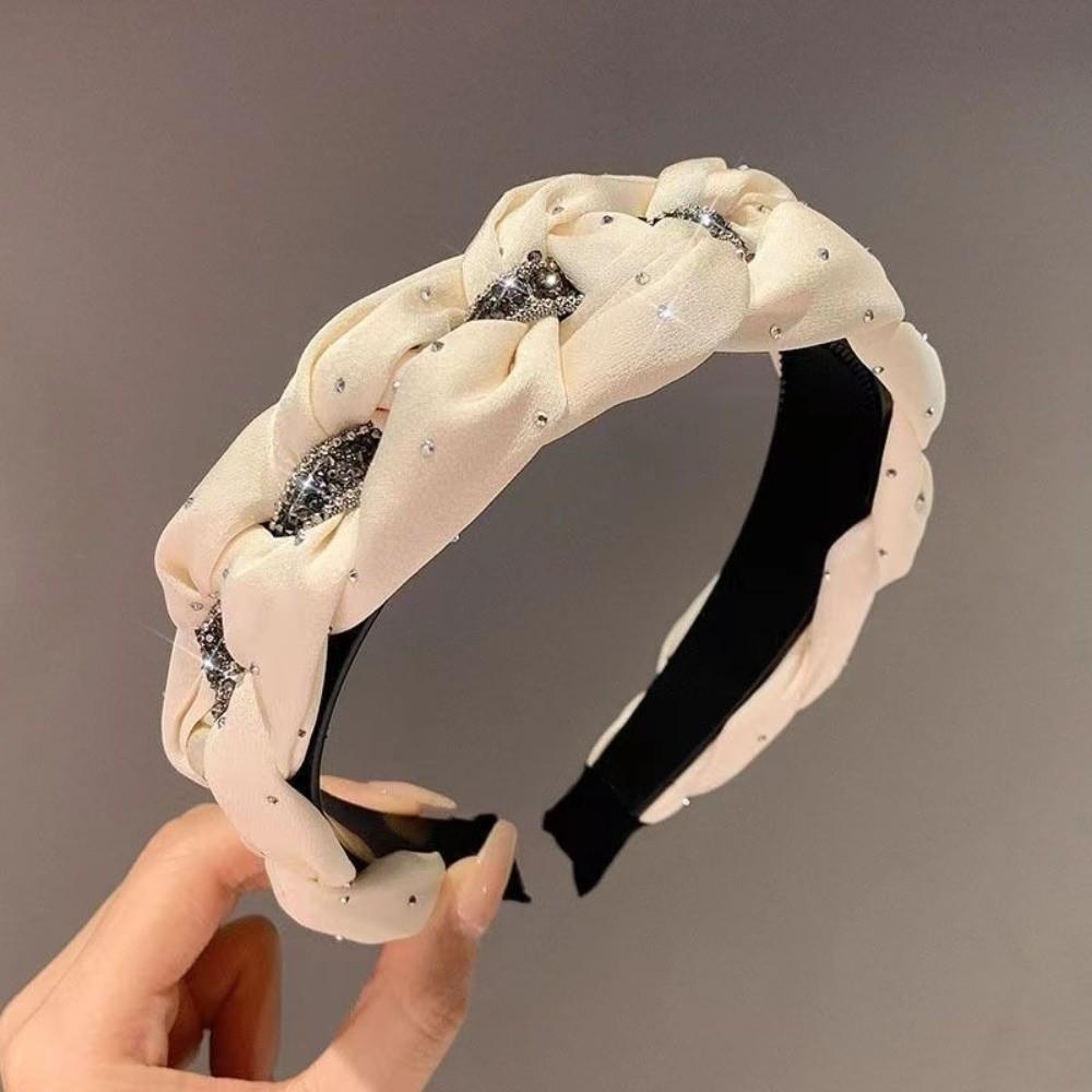 Twisted Knotted High Cranial Hair Hoop Soft Fabric Braided Hairband Rhinestone Headband Daily Use