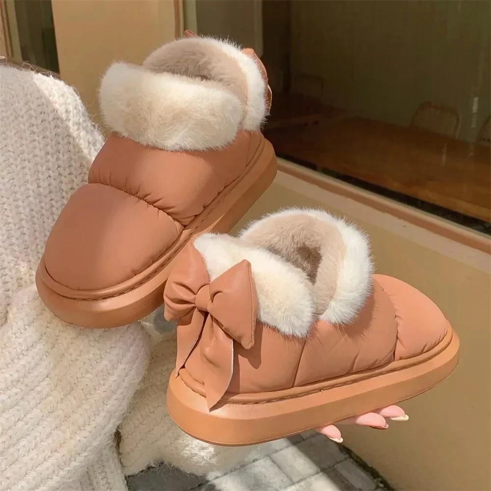 Stivali da neve da donna, invernali, caldi e spessi, alla caviglia, antiscivolo, con fiocco in pelliccia, scarpe in cotone, comodi, impermeabili, in peluche