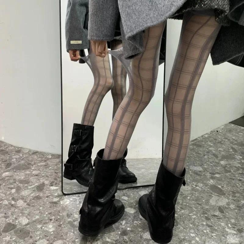 JK Plaid Women Tights Pantyhose Black Pattern Thigh High Stockings Tights Women Sexy Lingerie Y2k Body Stockings Tight Pantyhose