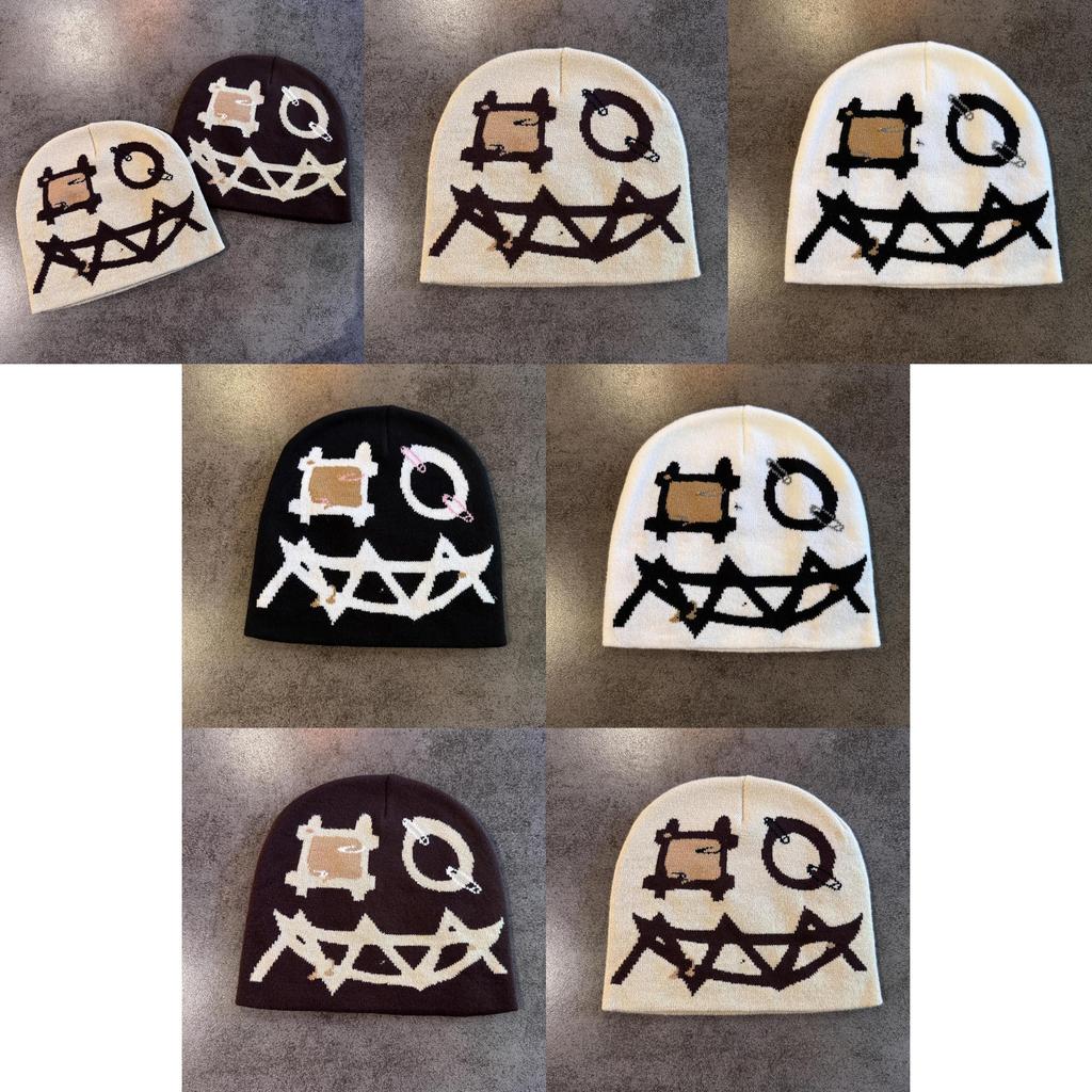 Knit Beanie With Demon Face Embroidery For Halloween And Winter Warmth