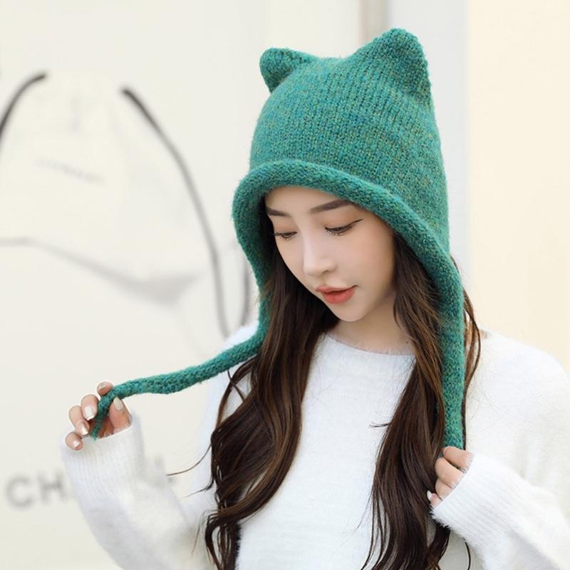 Unisex Solid Color Crochet Hat Cat Kitten Ear Shape Hat Warm Fluffy Winter Crochet Warm Skiing Supplies for Adult Teens