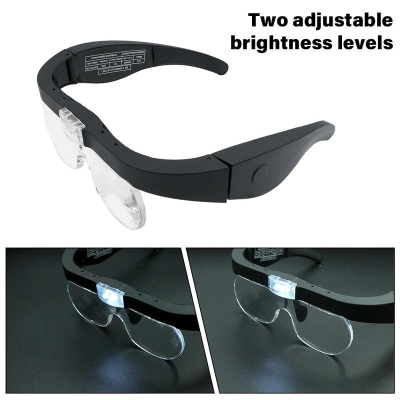 Adjustable Magnification Magnifying Glasses 1.5X-5.0X with USB Rechargeable LED Light - Head Mounted Eyewear for Precision Tasks