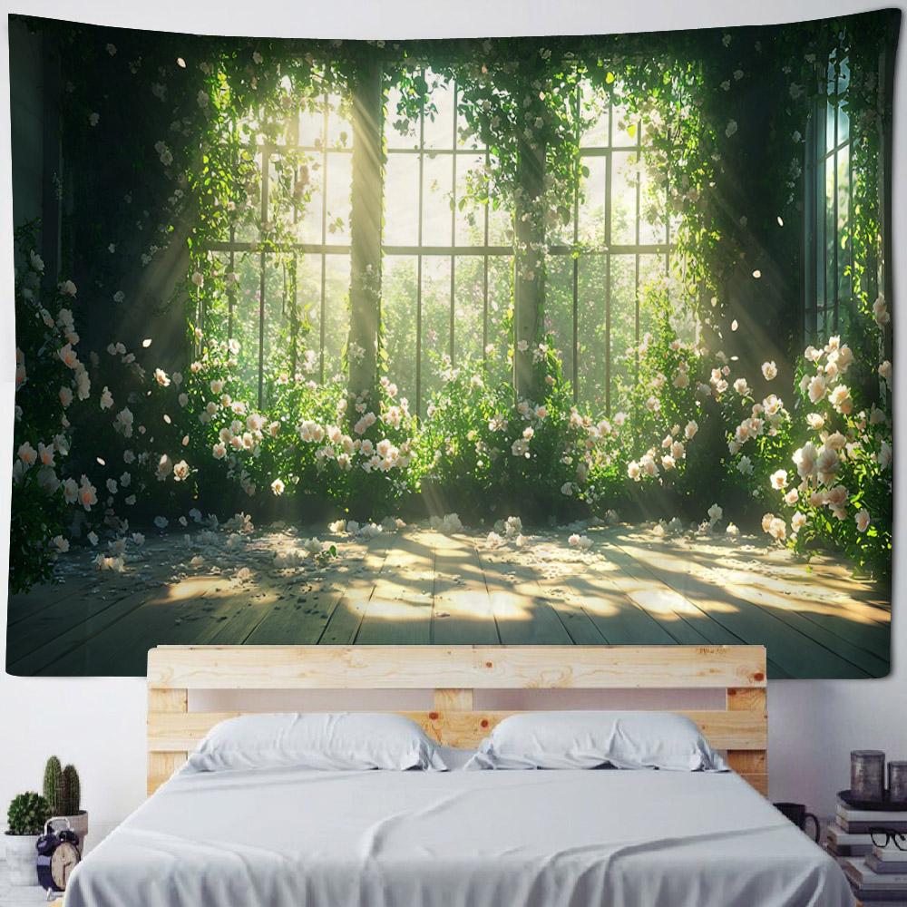 Window floral tapestry balcony green plant wall hanging art, bedroom decoration, background poster, home life, picnic mat