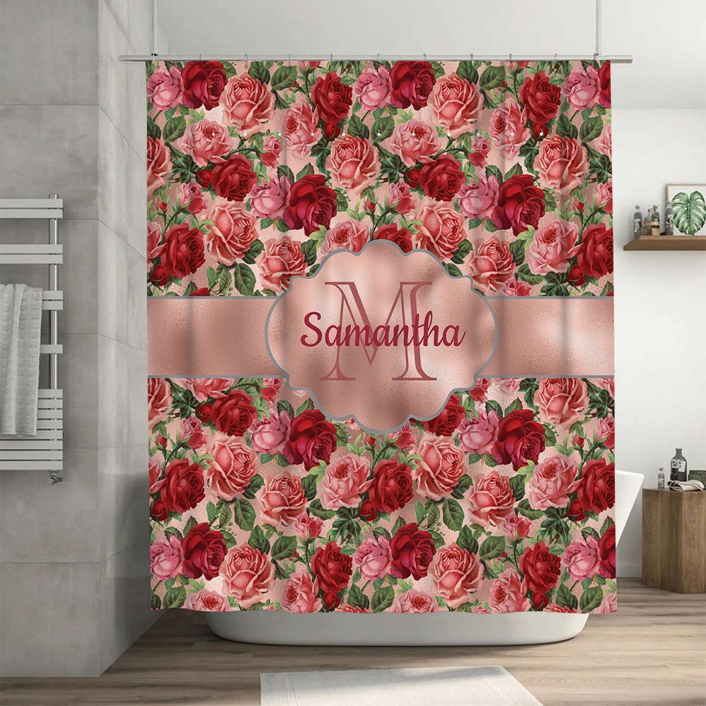 Monogrammed Shower Curtain With Roses Print, Custom Name Added For Bathroom Decor Red Pink Floral Design, Washable